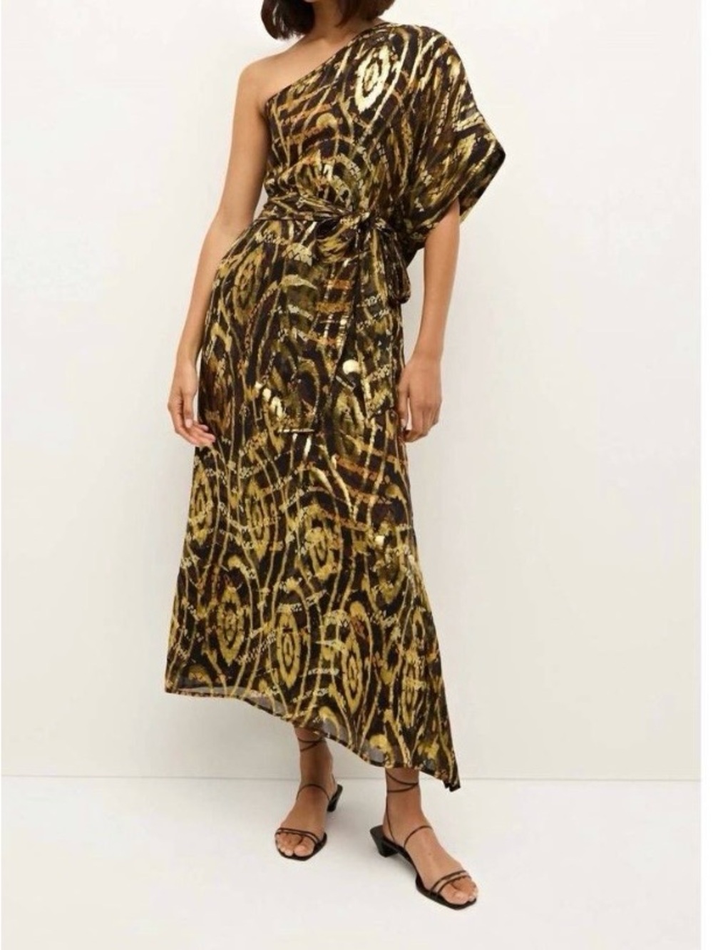 Marie Oliver Farrow One-Shoulder Metallic Maxi Silk Blend Dress
